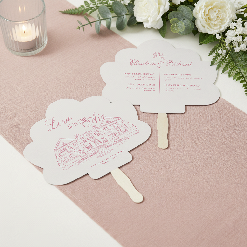 two fan-shaped cards with text and illustrations, placed on a pink tablecloth.