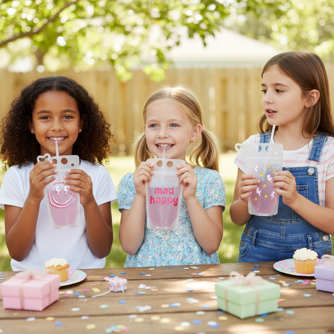 Three young girls are sitting at a table, each holding a pink drink with a straw and smiling.
