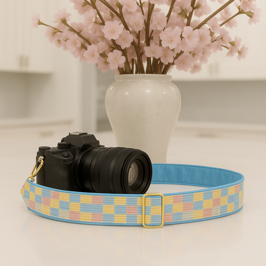 Blue & Yellow Checkered Beaded Camera Strap
