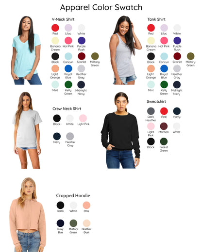 The image is a color swatch featuring various apparel items, including a tank top, crew neck shirt, sweatshirt, and cropped hoodie, with different color options such as red, white, black, and green.