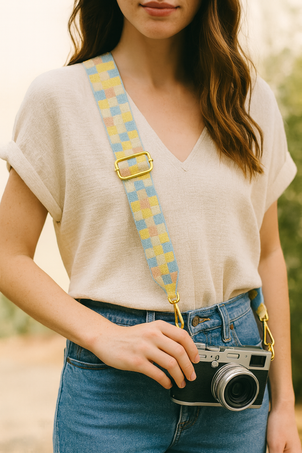 Blue & Yellow Checkered Beaded Camera Strap