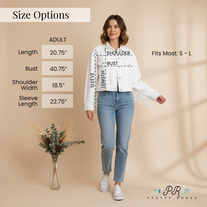 a woman wearing a white jacket and jeans, standing in front of a vase with greenery. The image is labeled with size options, including adult, shoulder, bust, waist, sleeve, and leg measurements, as well as the fit of the jacket.