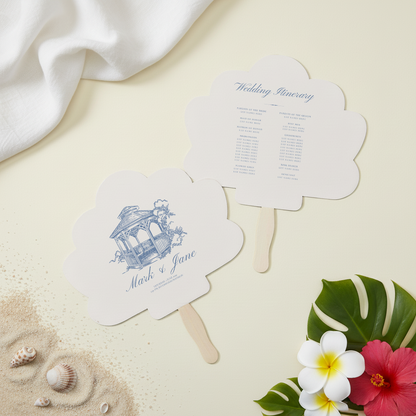 a wedding invitation with a beach theme, including a gazebo, palm leaves, and flowers, along with a wedding schedule and fan.