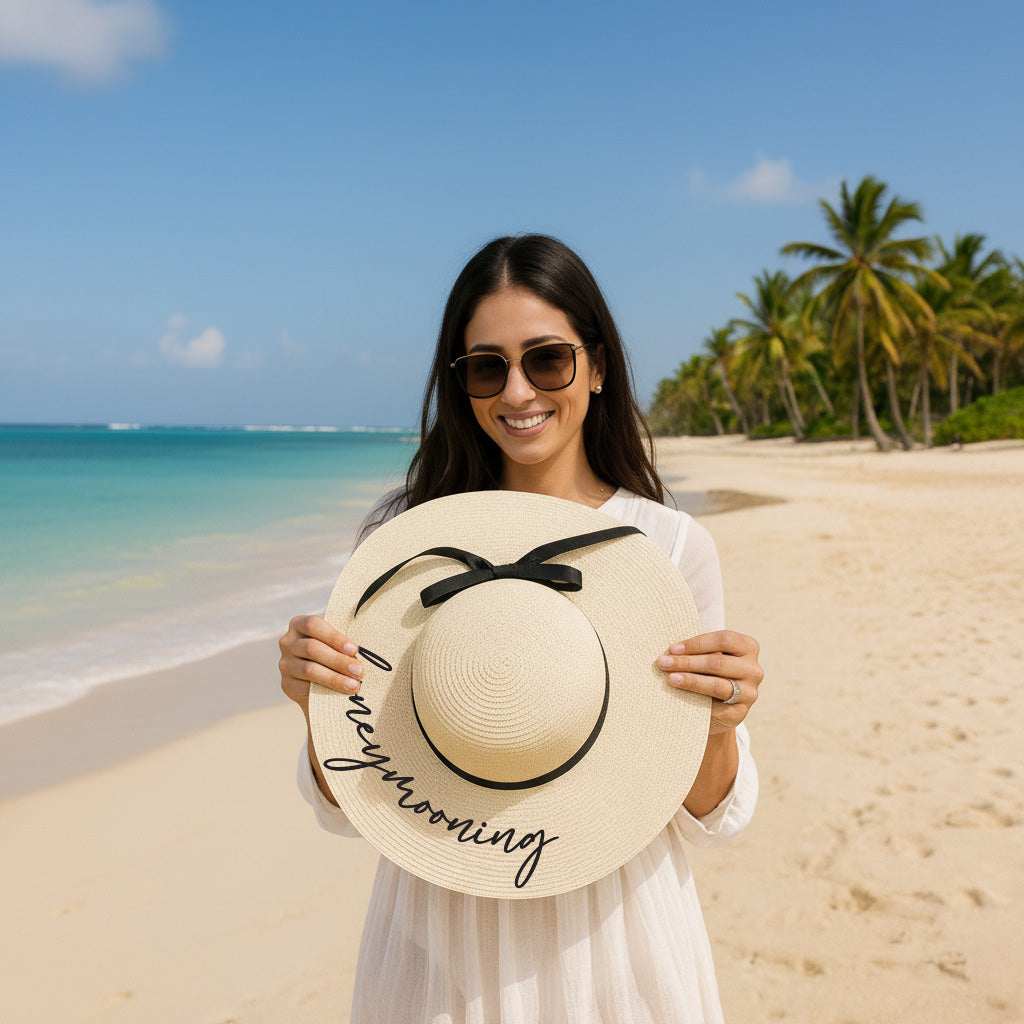 A woman in a white dress stands on a beach, holding up a large white hat with the word "honeymooning" written on it.