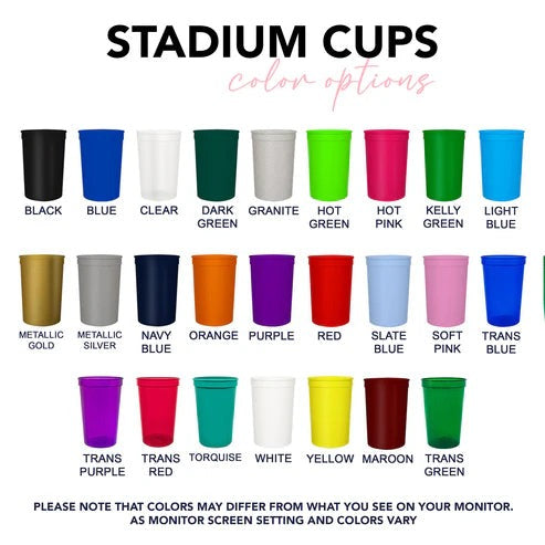 a collection of colorful stadium cups, each with a different color option, arranged in a grid format.