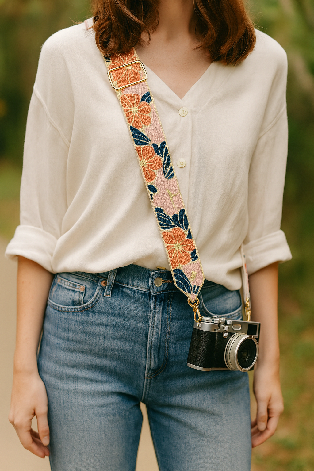 Orange Floral Beaded Camera Strap
