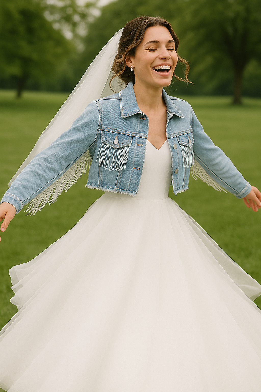 a woman in a wedding dress and denim jacket