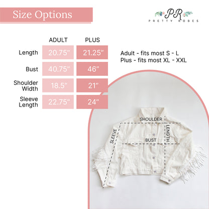 a white jacket with measurements for the size options