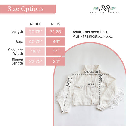 a white jacket with measurements for the size options