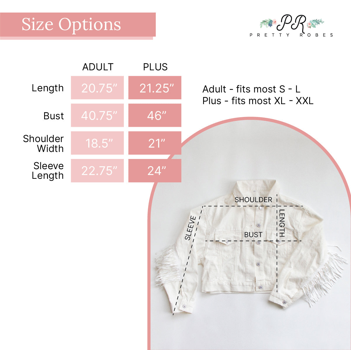 a white jacket with measurements for the size options