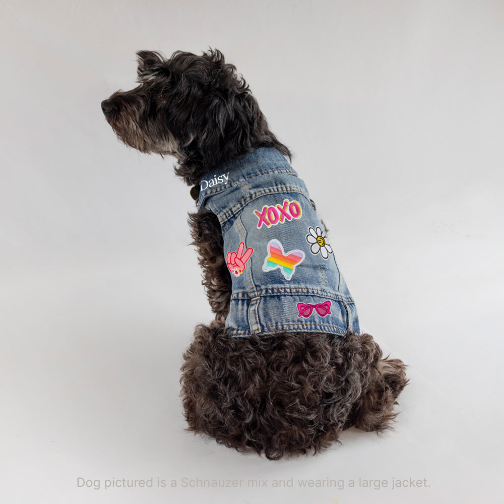 a dog wearing a jean jacket with patches on it