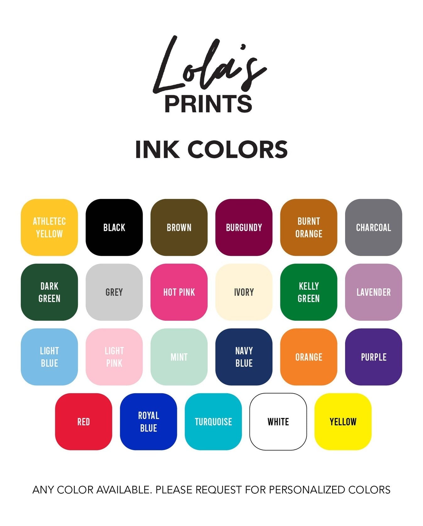 The image is a collection of 24 different colored squares, each representing a different ink color available for printing.