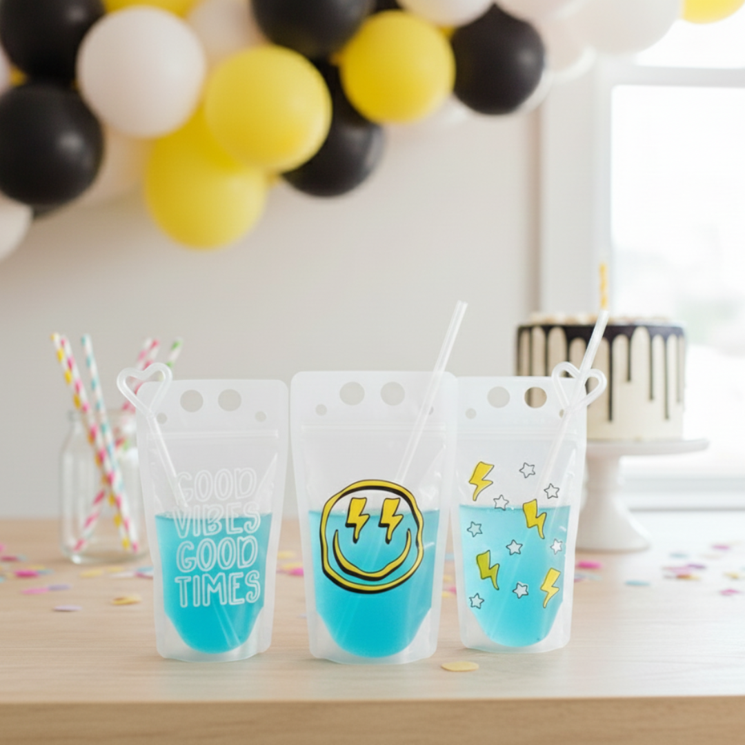 Three colorful drink cups with straws, each containing a different colored liquid, placed on a table with balloons in the background.