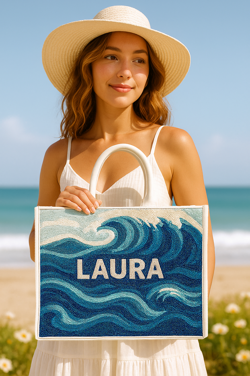 a woman holding a bag with the word laura painted on it