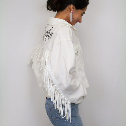 (White Fringe) Customized Mrs Bridal Fringe Jean Jacket in White