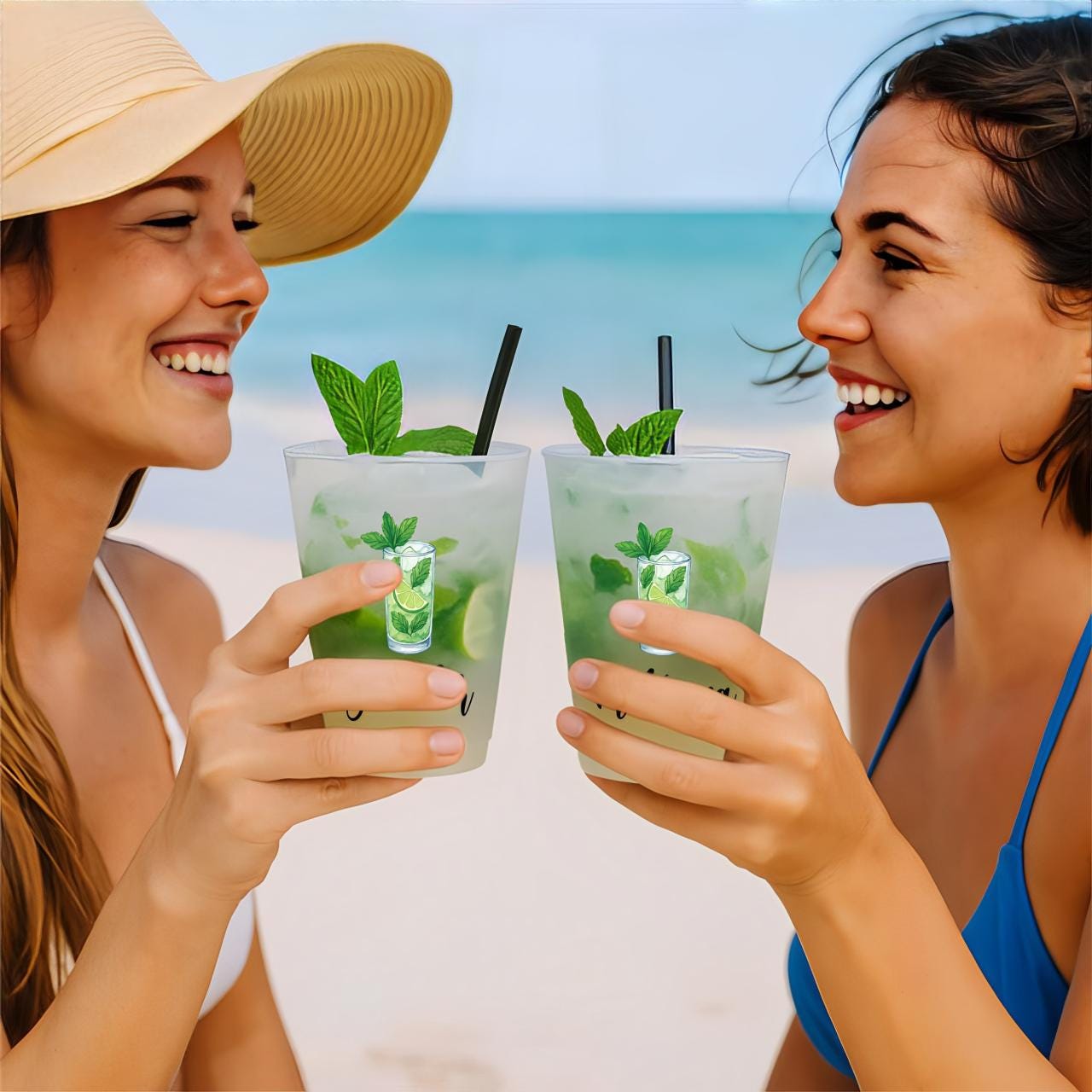 two beautiful young women sitting next to each other holding drinks