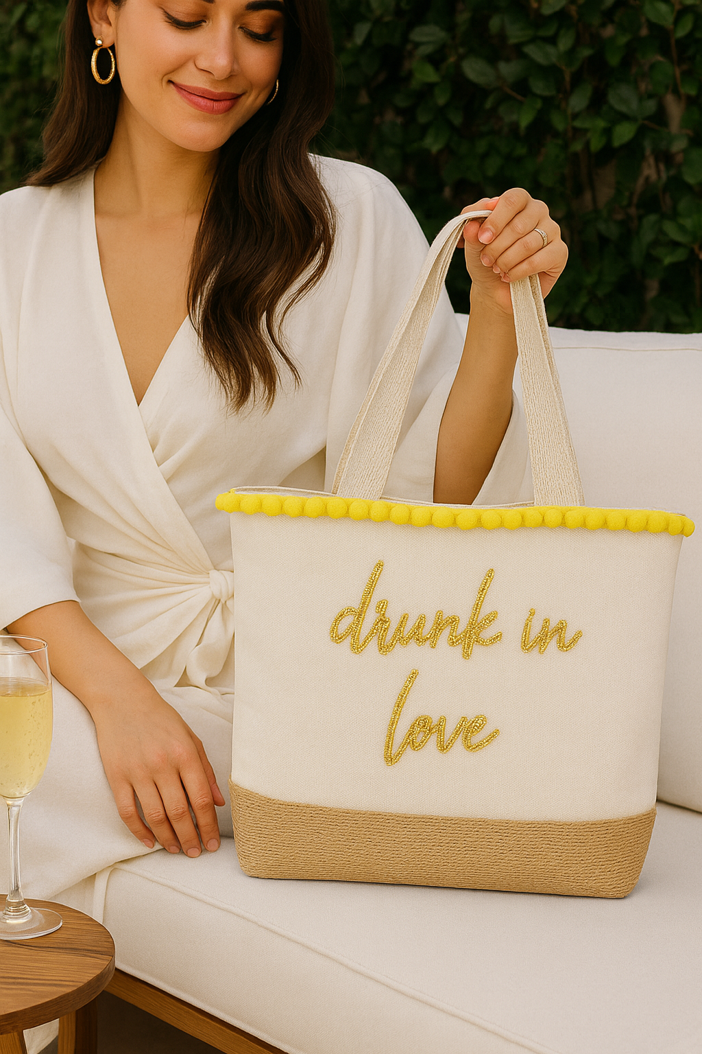 A woman in a white blouse is sitting on a white couch, holding a yellow tote bag with the text "drunk in love" printed on it.