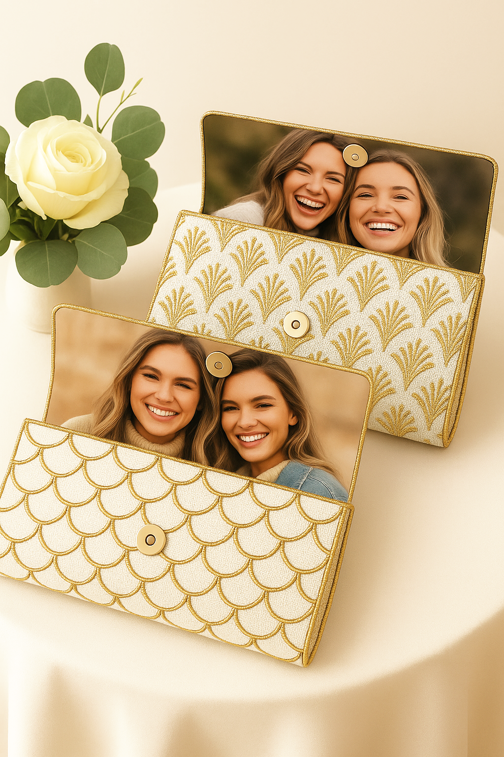 two gold-colored purses with a scalloped pattern, each containing a photo of two smiling women. The purses are placed on a white tablecloth, and there is a vase of white roses in the background.