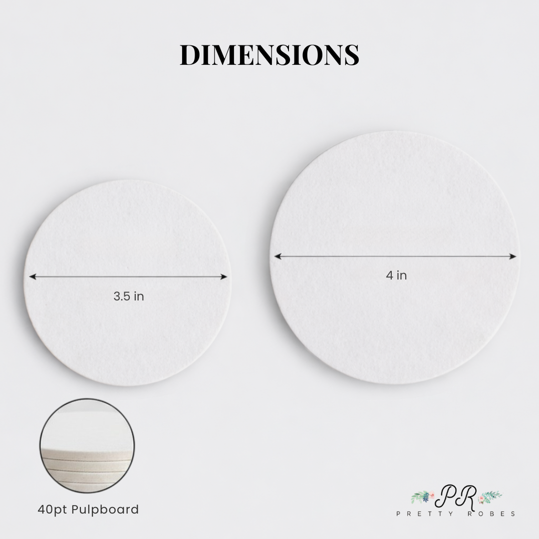 two white coasters with measurements and a small image of a coaster below it.