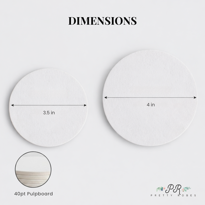 two white coasters with measurements and a small image of a coaster below it.
