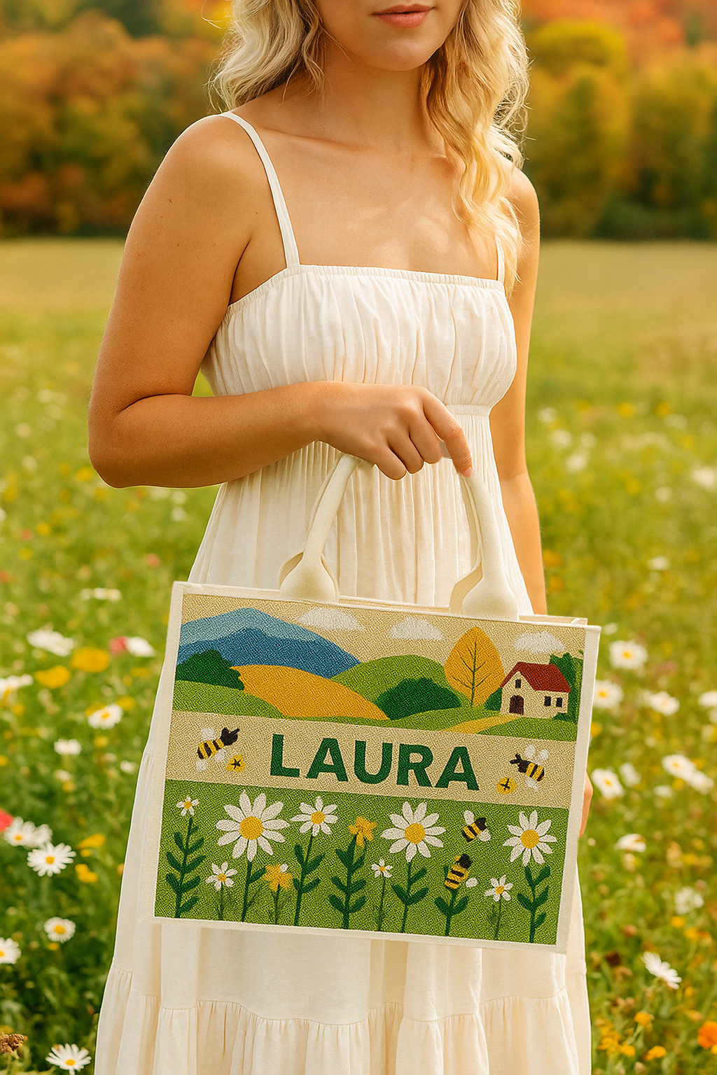a woman in a white dress is holding a bag