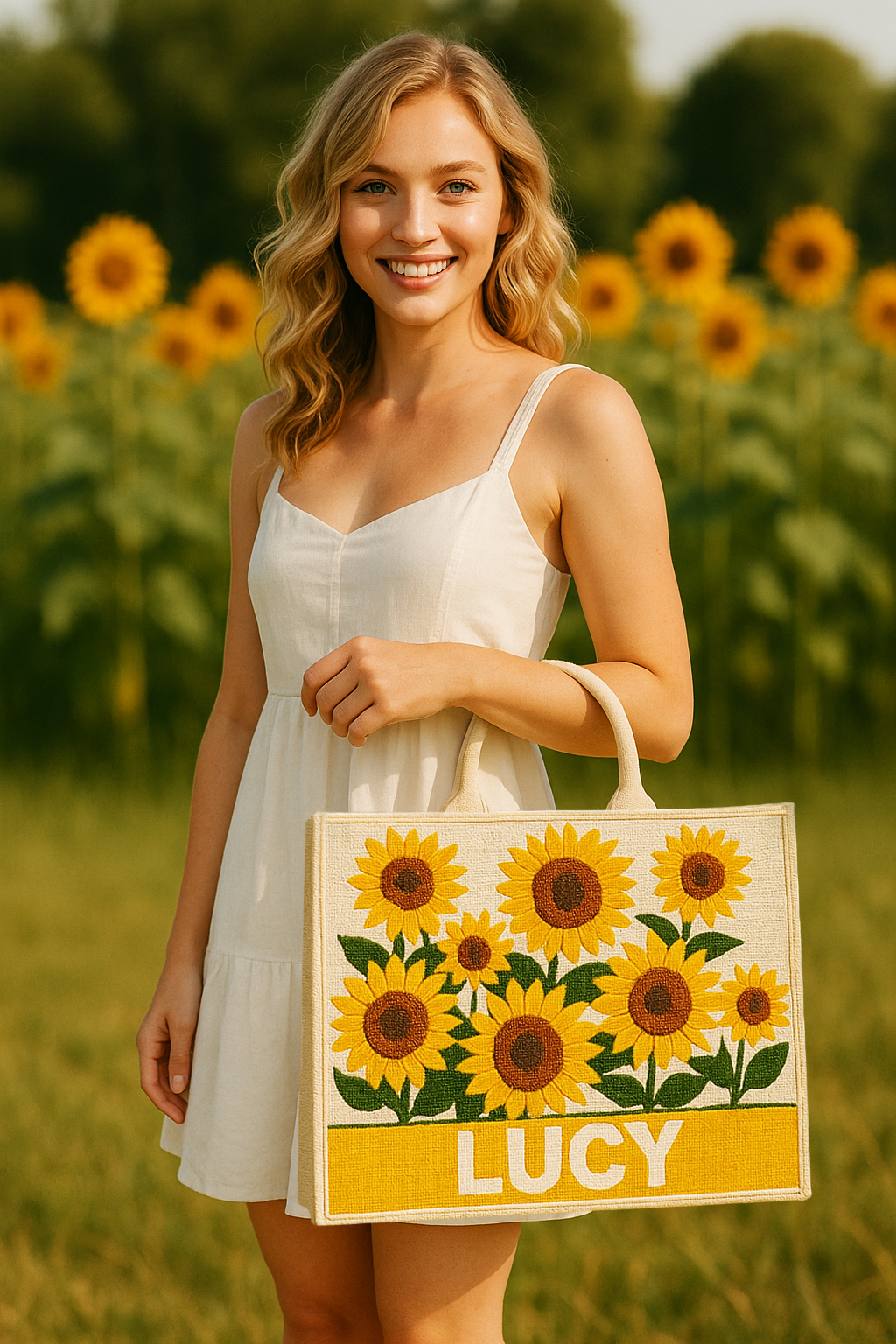 a woman in a white dress holding a yellow bag with sunflowers on it