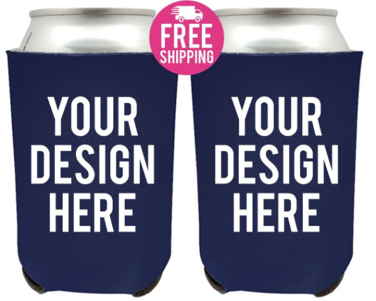 two blue can coolers with a free shipping label