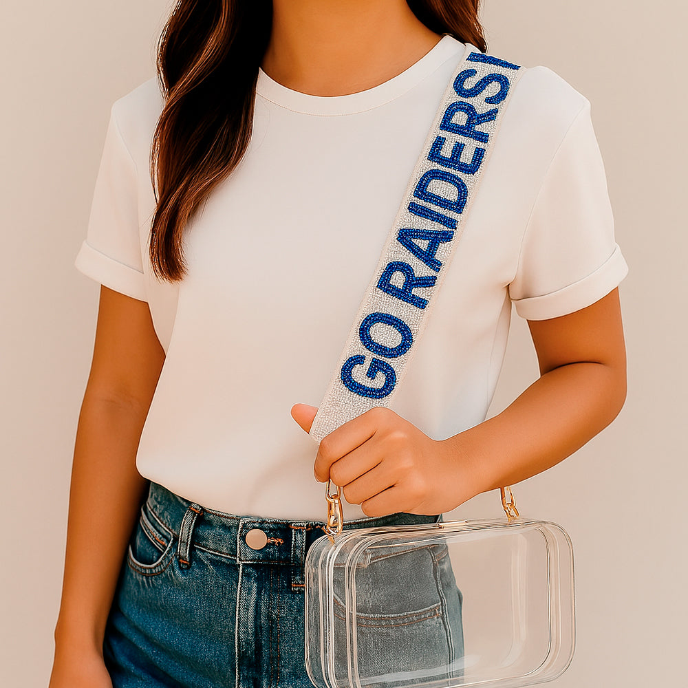 a woman wearing a white shirt and holding a clear bag