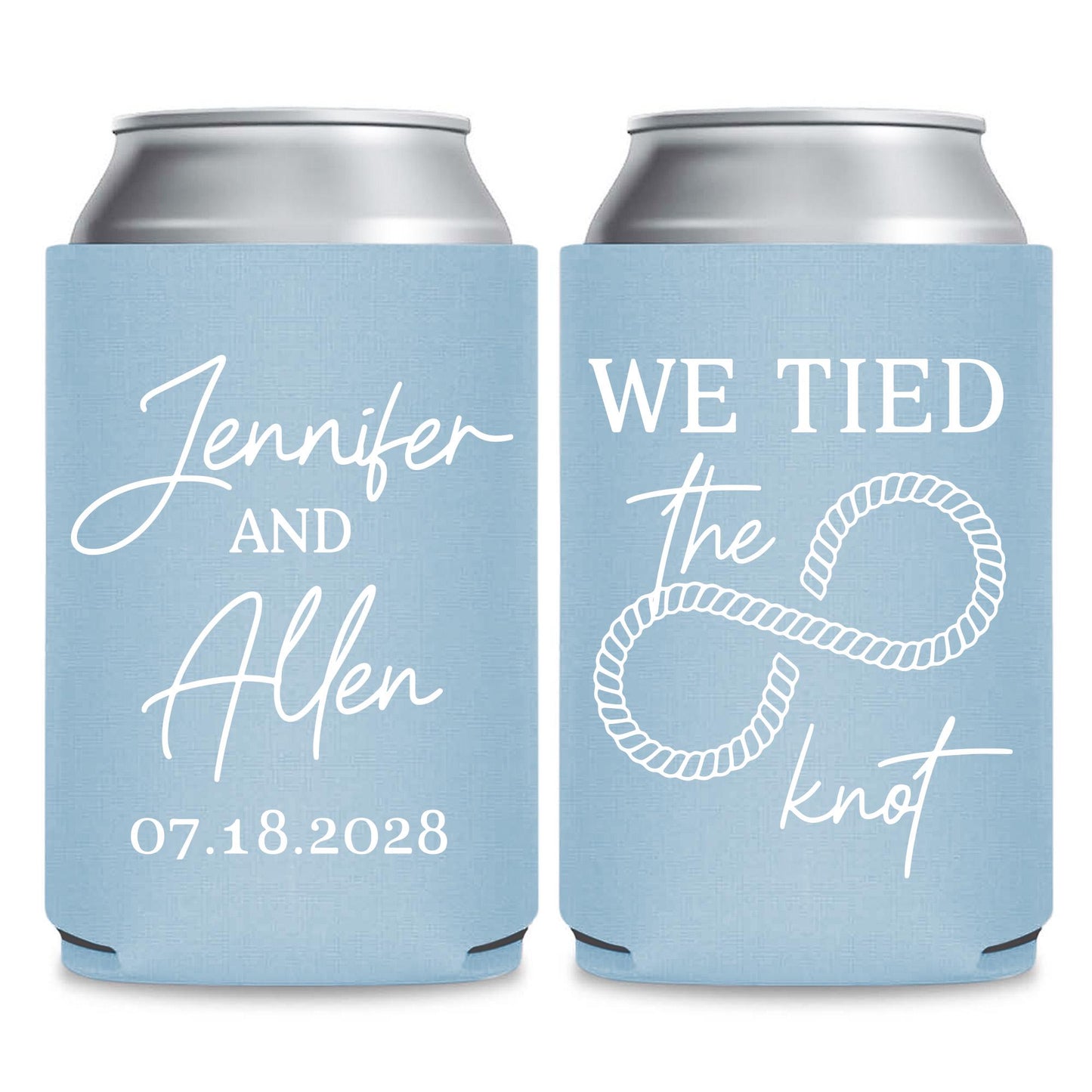 two blue beverage coolers with white text and graphics on them.