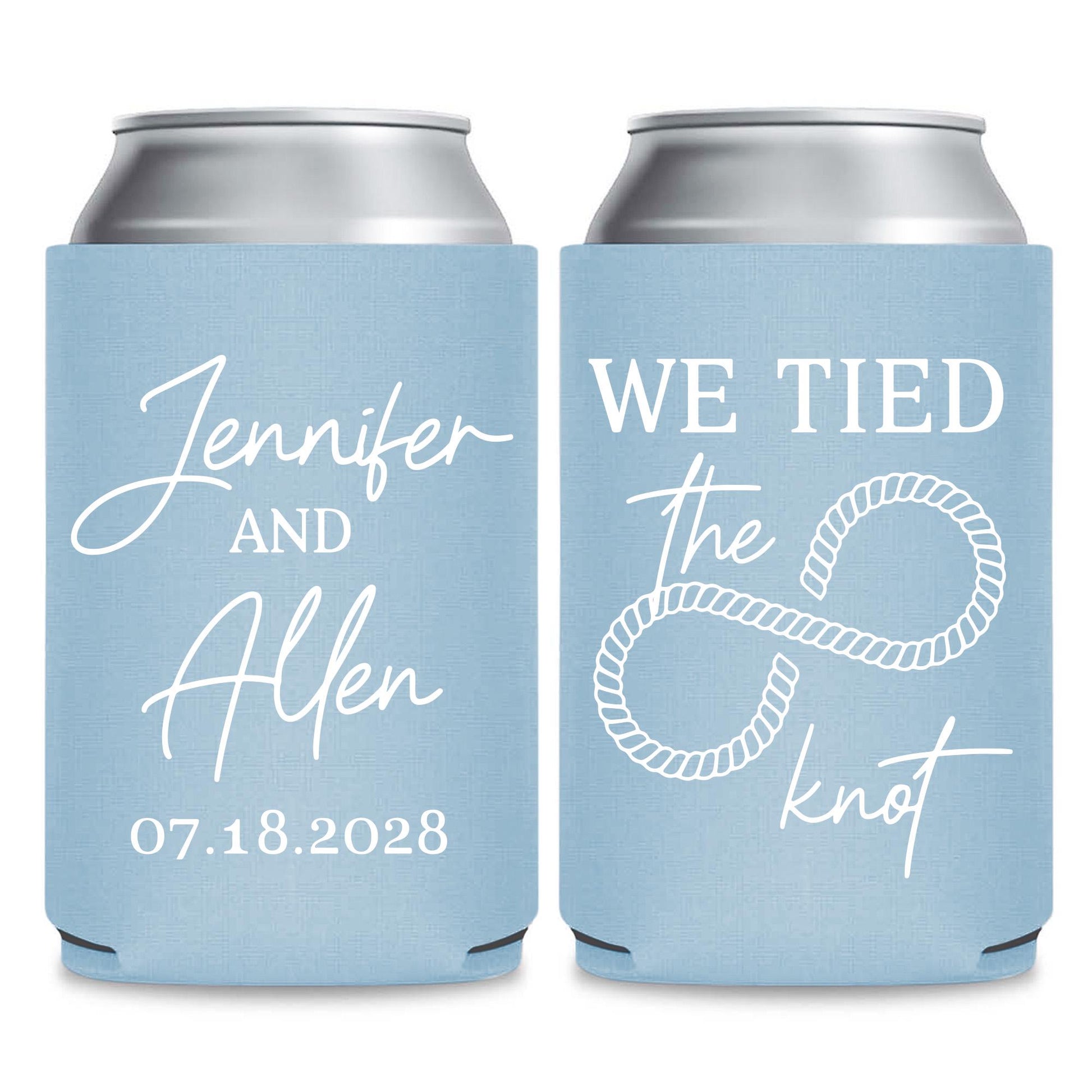 two blue beverage coolers with white text and graphics on them.