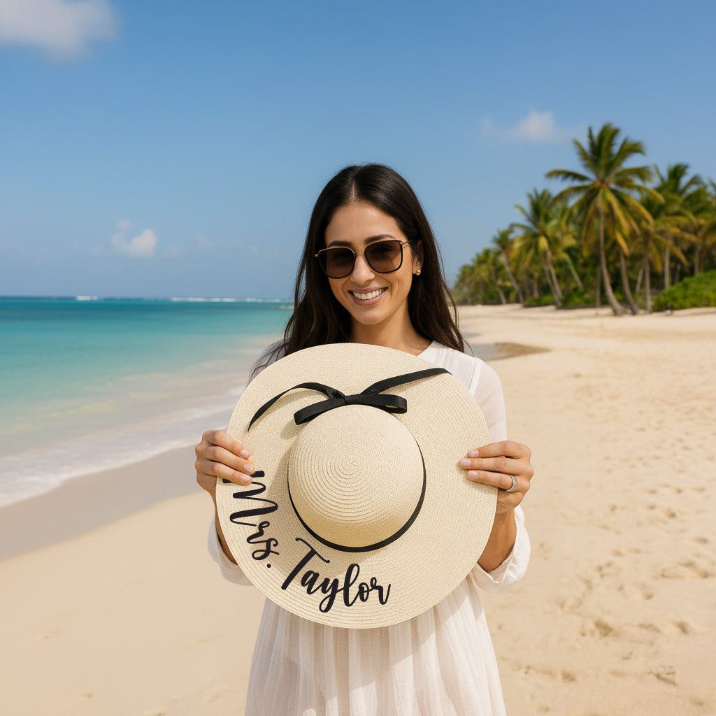 A woman wearing sunglasses and a white dress holds a large white hat with the name "Mrs. Taylor" written on it, standing on a beach with palm trees in the background.