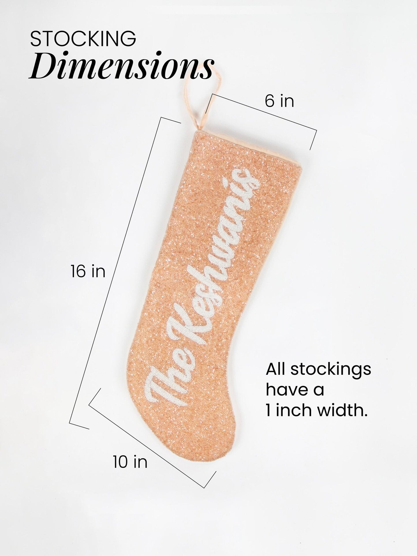 a stocking with the text "The Keshwariis" printed on it, along with dimensions and a description of the stocking.