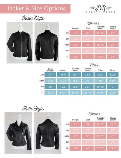 The image is a detailed size chart for jackets and sizes, including the Stella Style and Ruth Styles. It provides measurements for various body types and styles, such as XS, SM, MED, LG, XL, Women's, and Men's. The chart is organized into sections for different body types and styles, allowing for easy comparison and identification of the corresponding sizes.