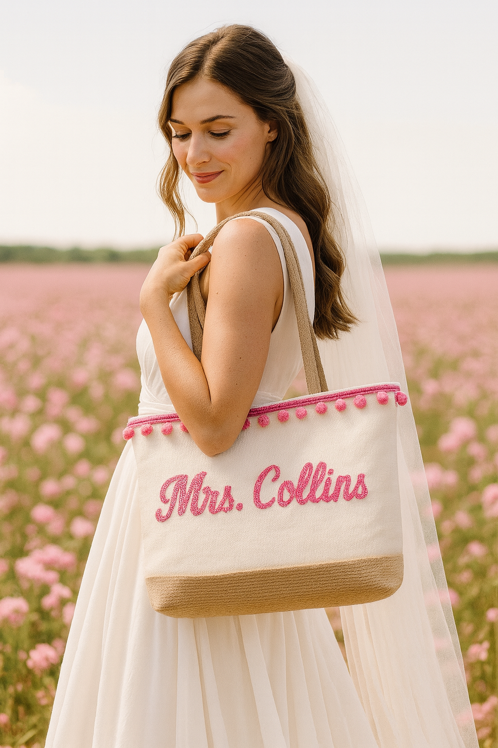 A woman in a white dress stands in a field of pink flowers, holding a bag with the name "Mrs. Collins" printed on it.