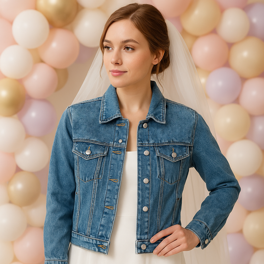 a woman in a wedding dress and a denim jacket