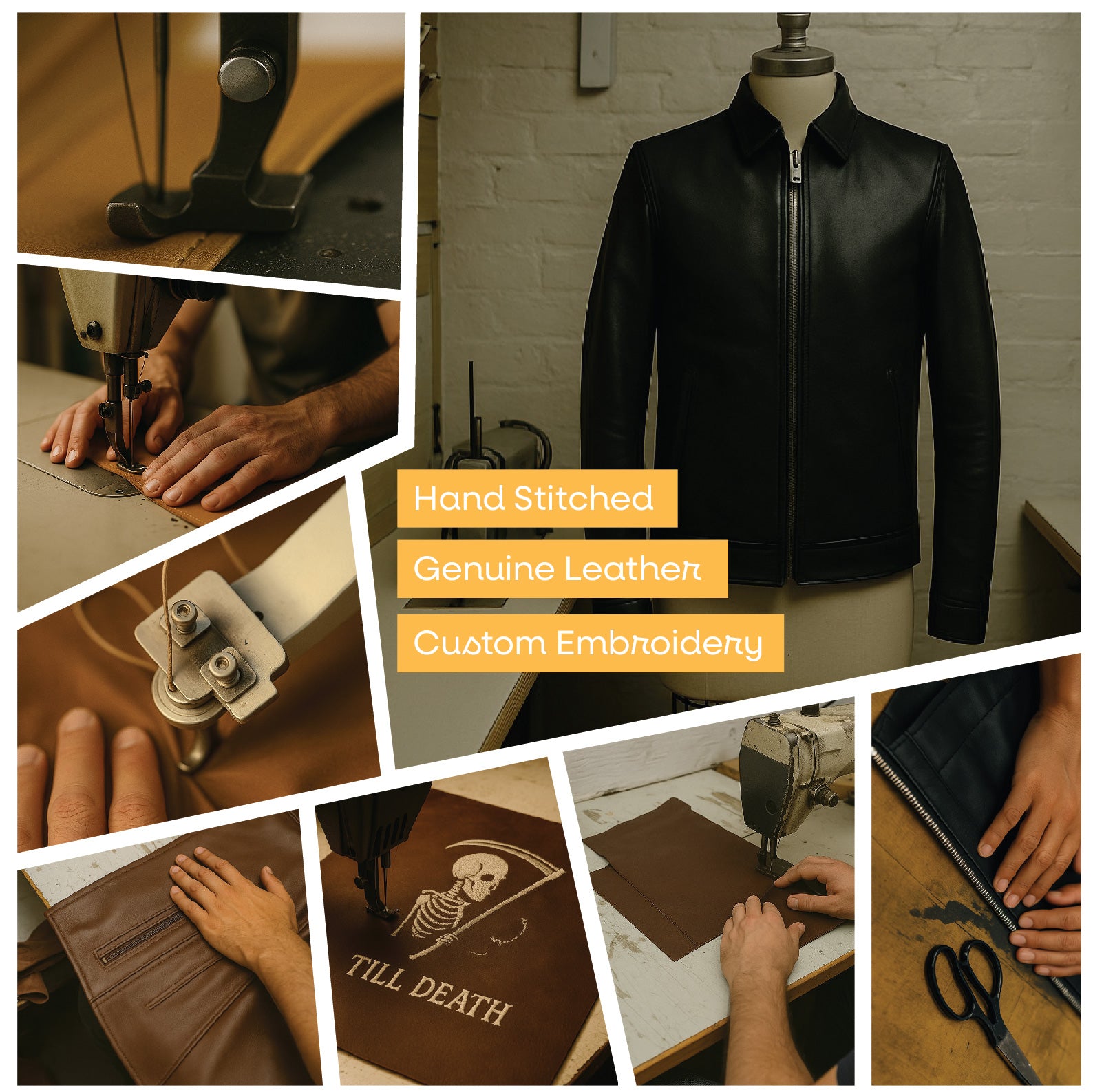 a collage of photos of a leather shop