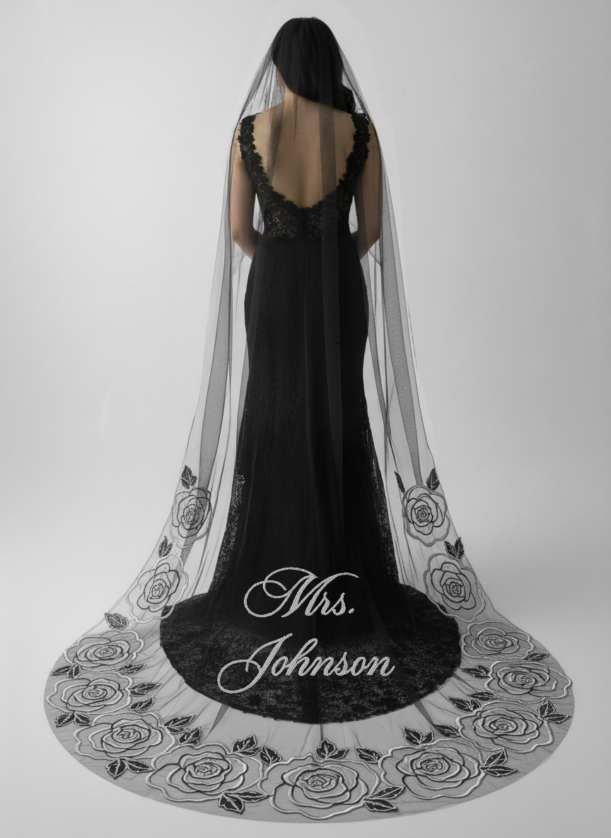 Black Rose Embroidery Bridal Veil
