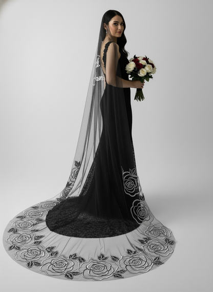 Black Rose Embroidery Bridal Veil
