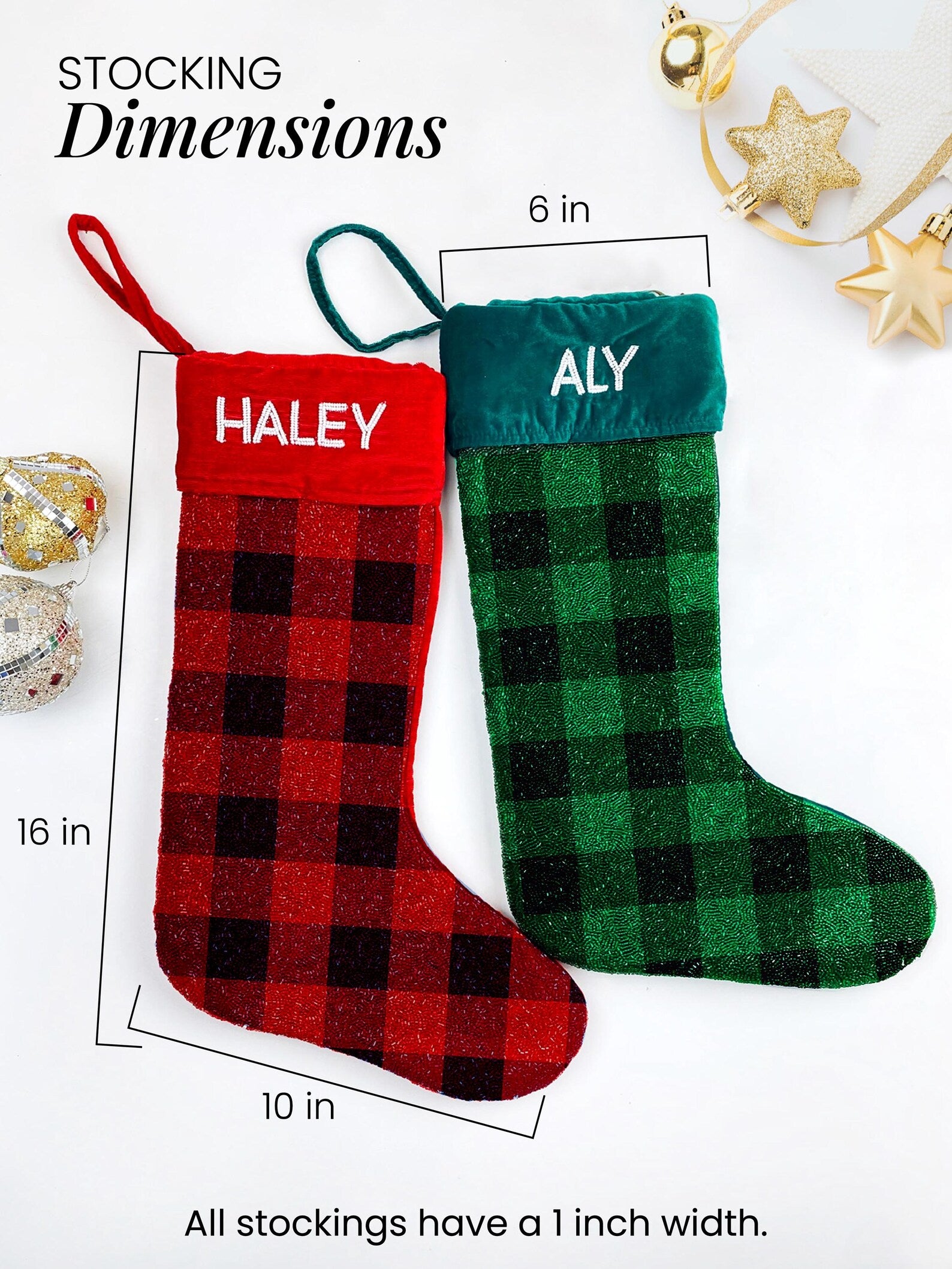 two personalized Christmas stockings, one red and one green, with the names "Haley" and "Aly" respectively, placed on a white background. The stockings are labeled with their respective names and dimensions, indicating that they are 6 inches wide and 10 inches long.