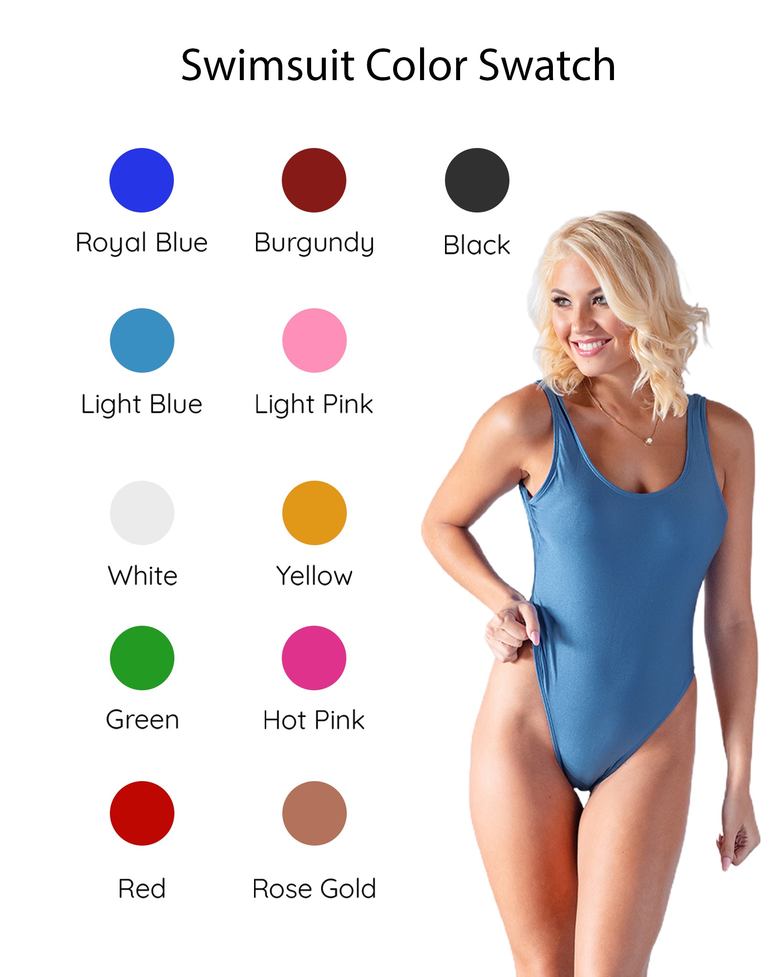 a woman in a blue swimsuit with different colors