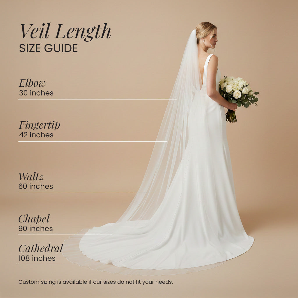 The image is a size guide for a bride's veil, providing measurements for different styles of veil lengths.