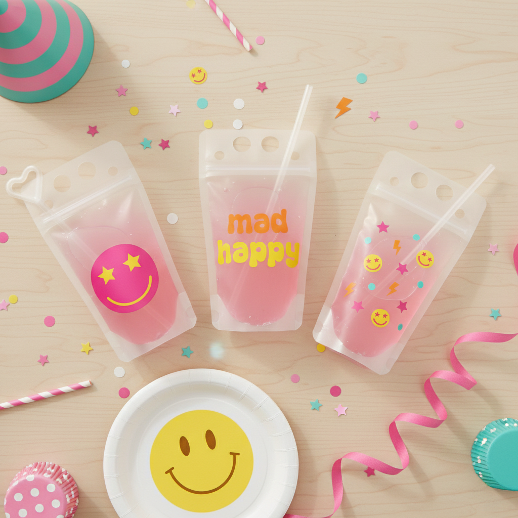 three colorful drink bags with smiley faces, surrounded by party decorations such as confetti, a party hat, and a plate with a smiley face.