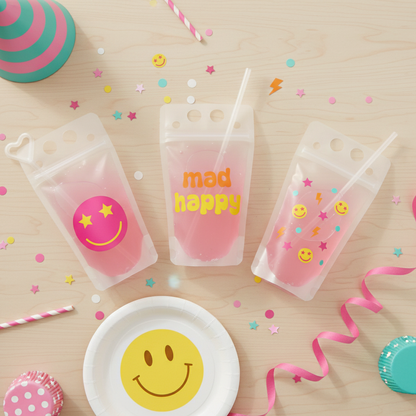 three colorful drink bags with smiley faces, surrounded by party decorations such as confetti, a party hat, and a plate with a smiley face.