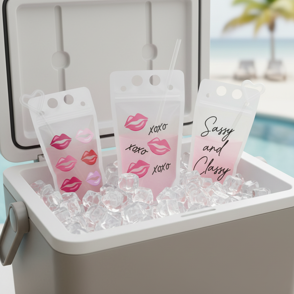 A cooler filled with ice and three drink bags with pink lips and the text "xoxo" printed on them.