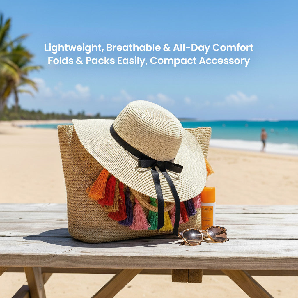 A straw hat with colorful tassels sits on a wooden bench, accompanied by sunglasses and a bottle of sunscreen, with a beach and palm trees in the background.