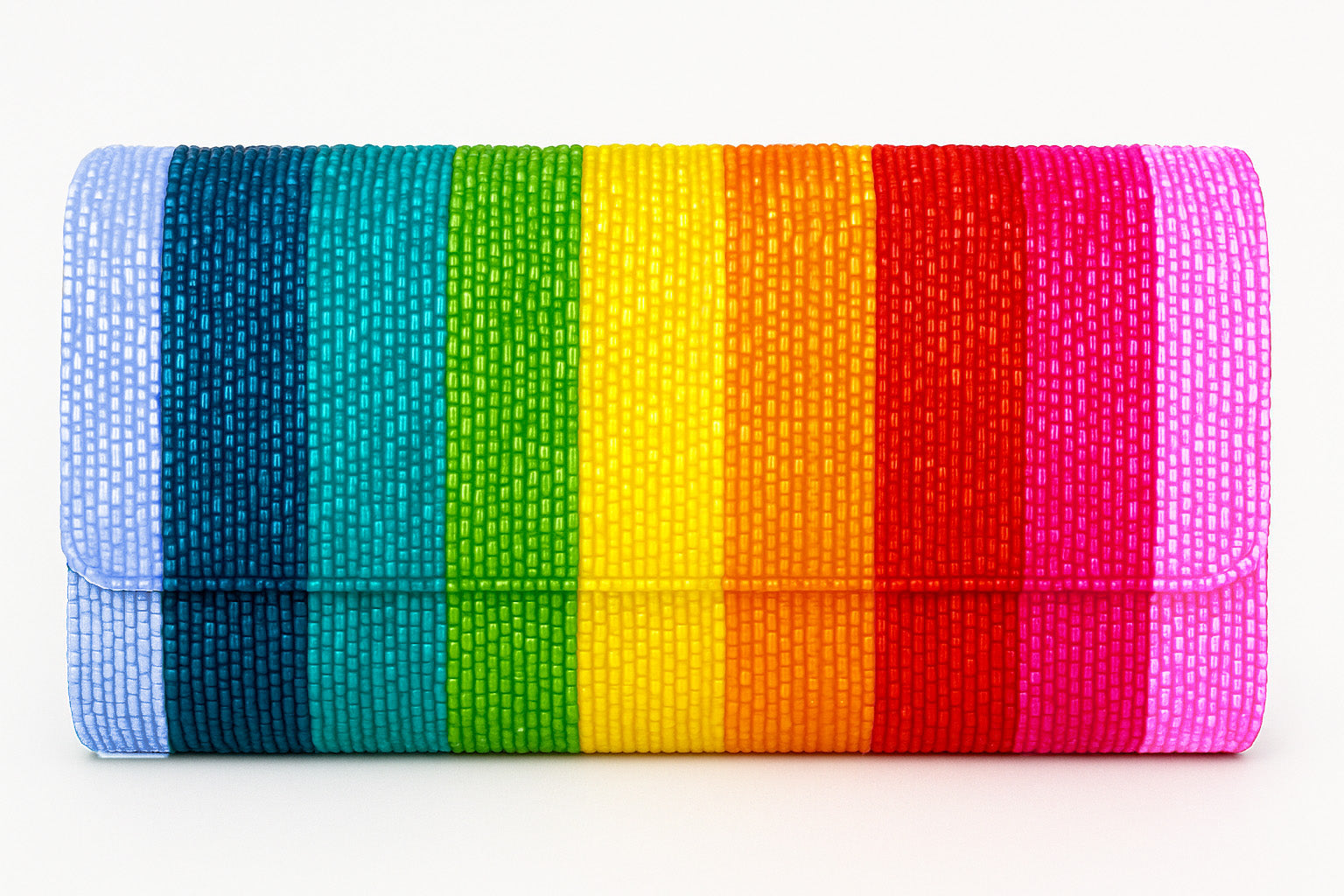 a rainbow colored clutch bag on a white background
