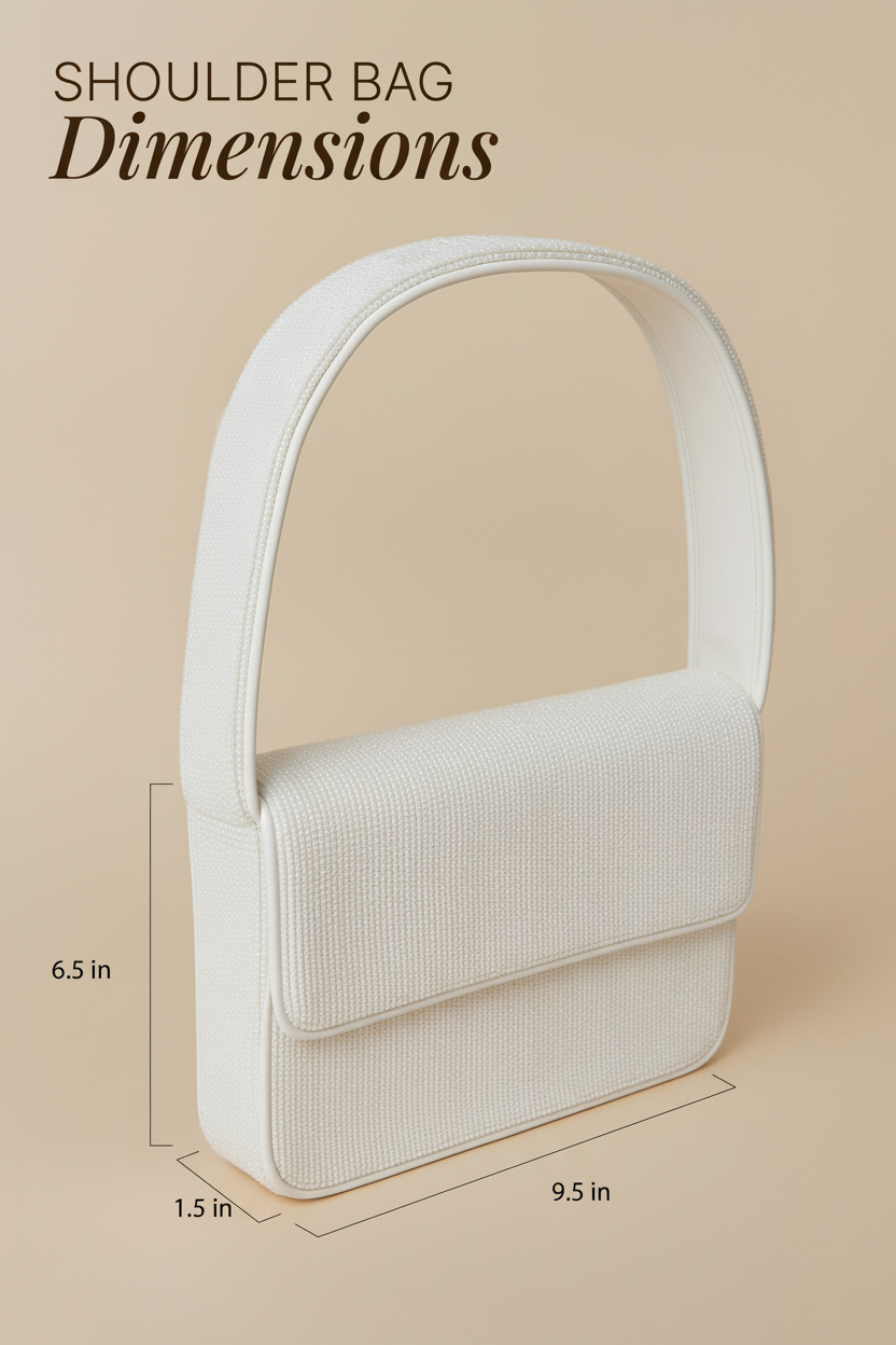 a white shoulder bag with dimensions provided in inches.