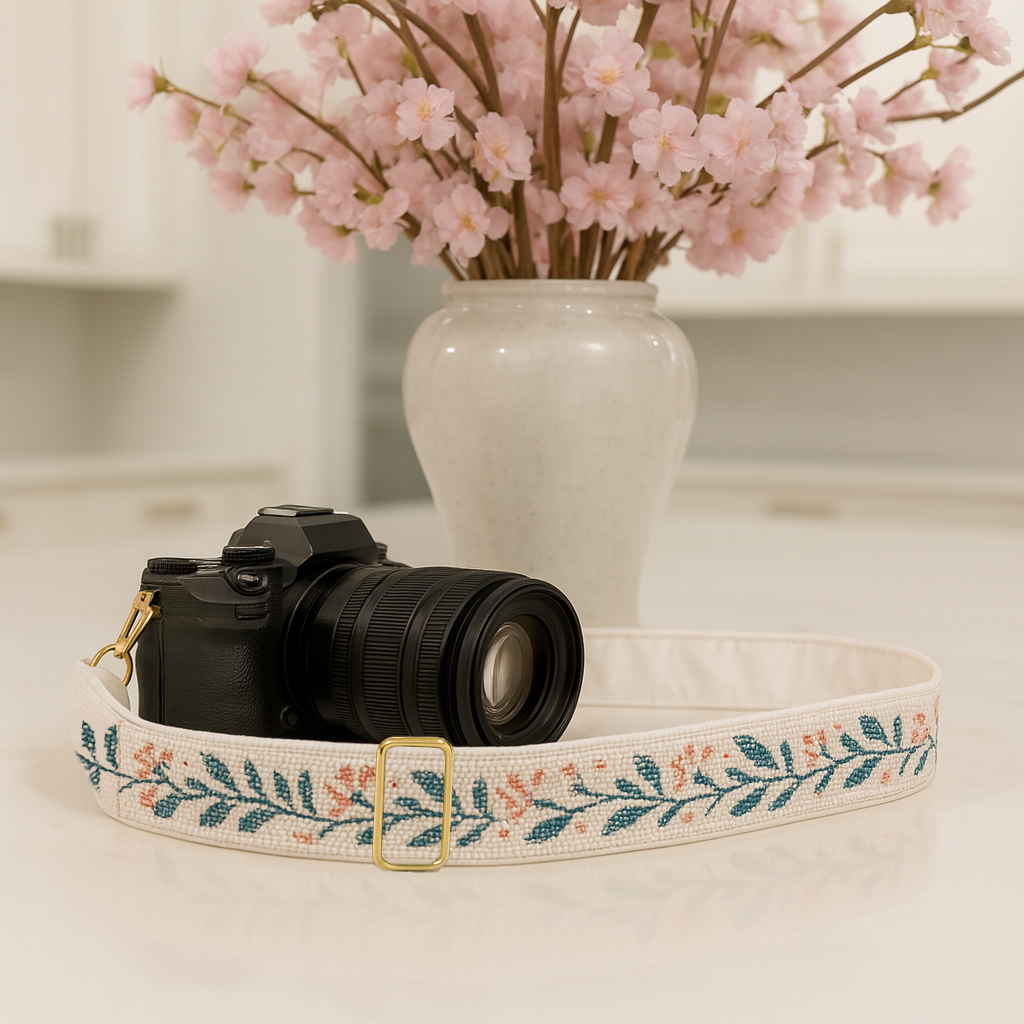 Blue Floral Beaded Camera Strap