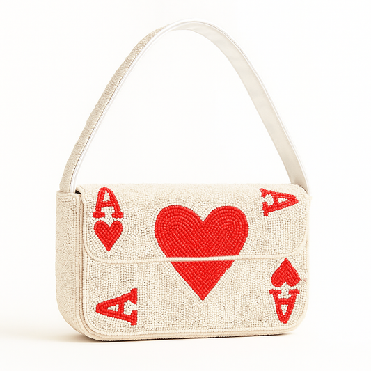 White Ace of Hearts Beaded Purse