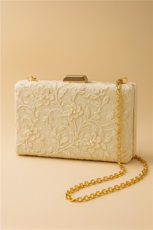 Ivory Bridal Box Clutch with Gold Chain